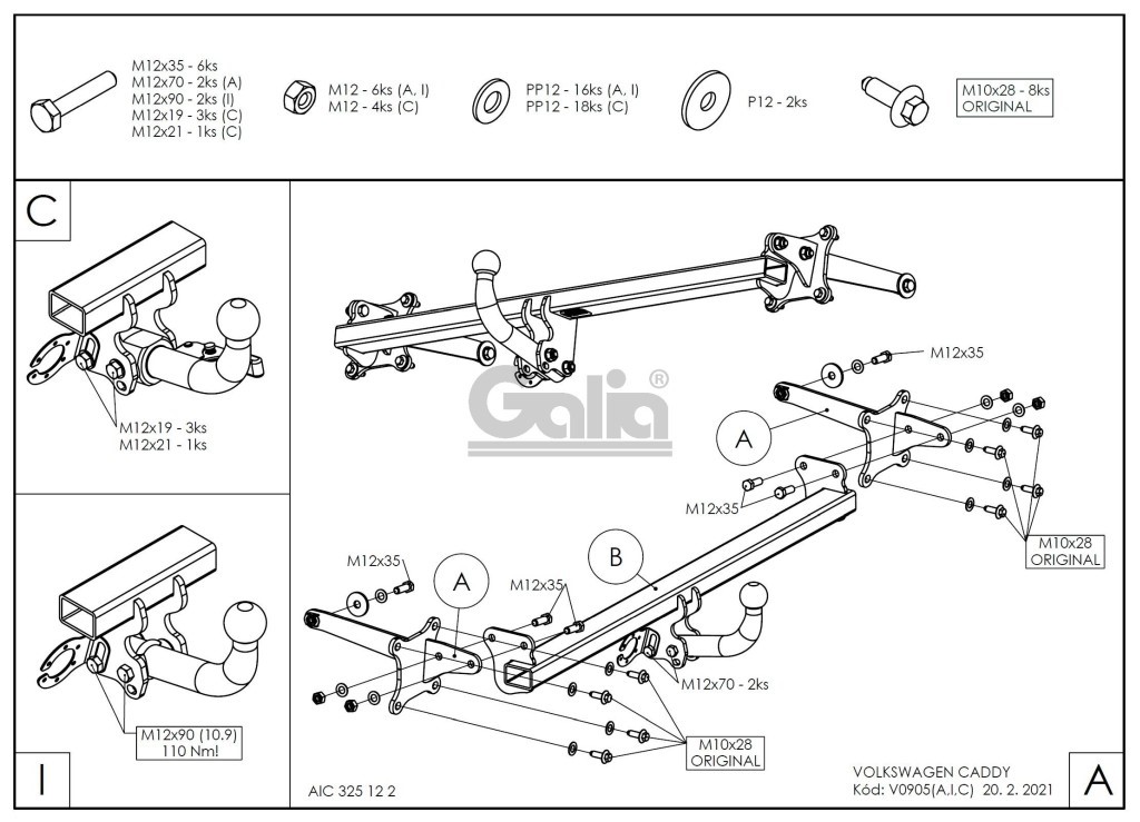 Tažné zařízení GALIA, pevný čep 2 šrouby