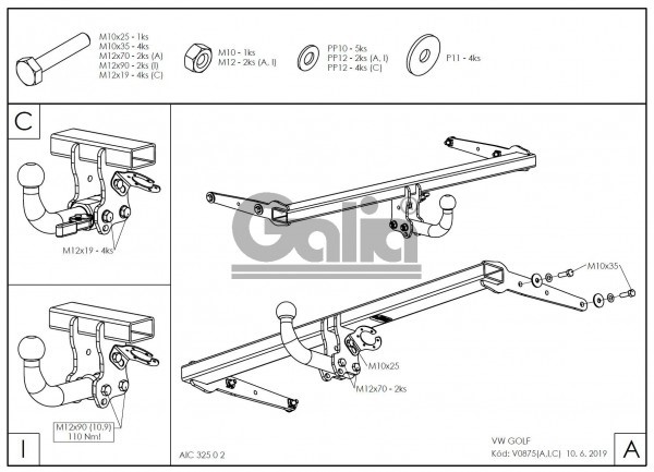 Tažné zařízení GALIA, pevný čep 2 šrouby